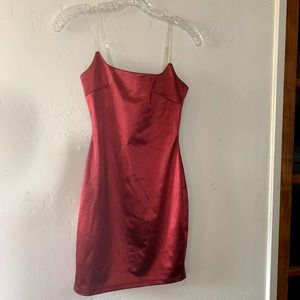 fashion nova red mini dress with clear straps satin style fabric size small